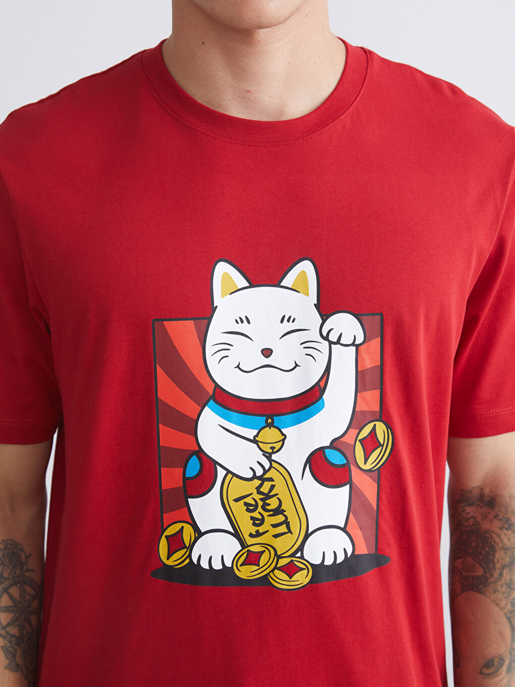 Kırmızı Bisiklet Yaka Baskılı Penye Erkek Tişört-2