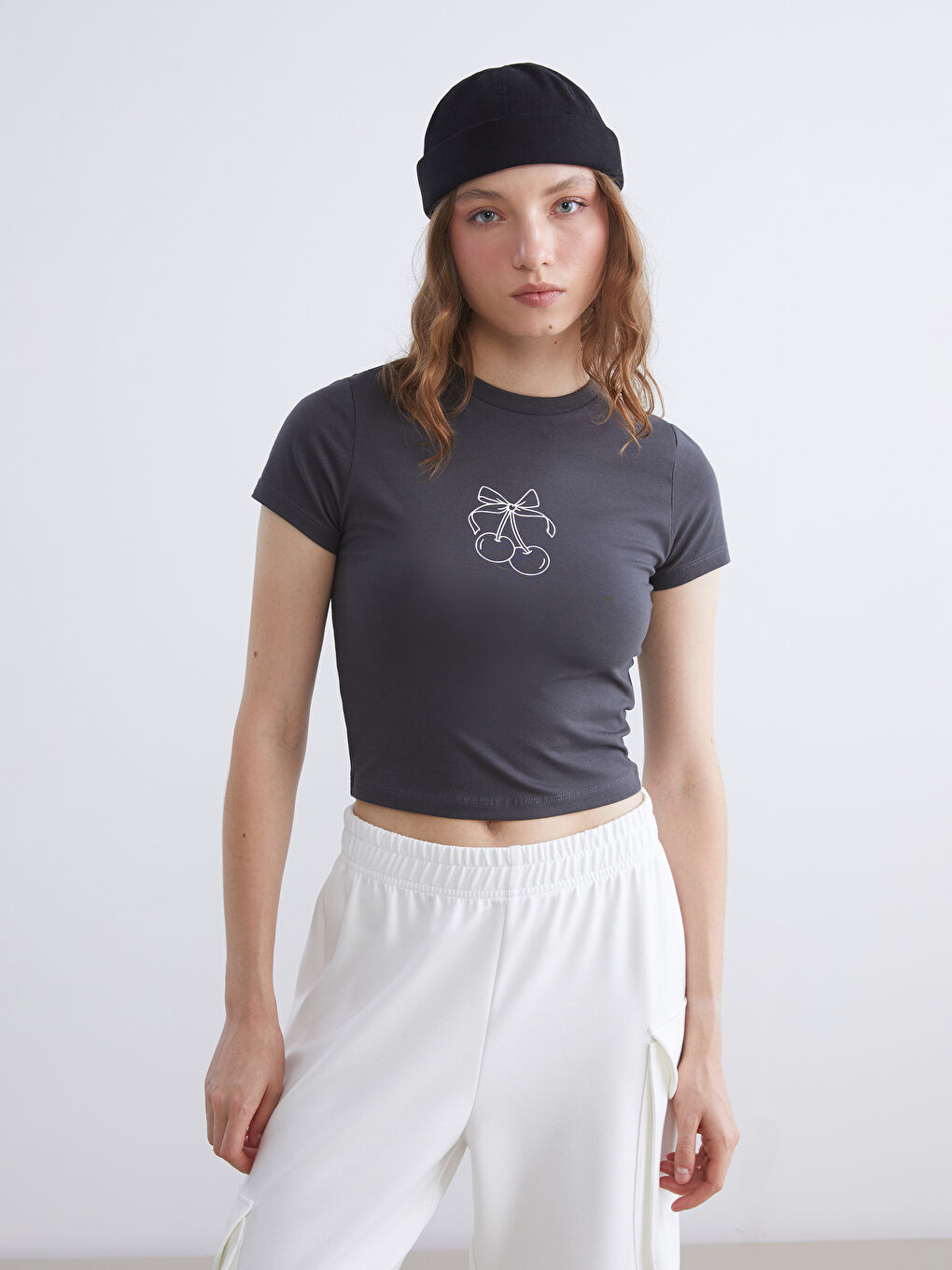 Antrasit Bisiklet Yaka Baskılı Crop