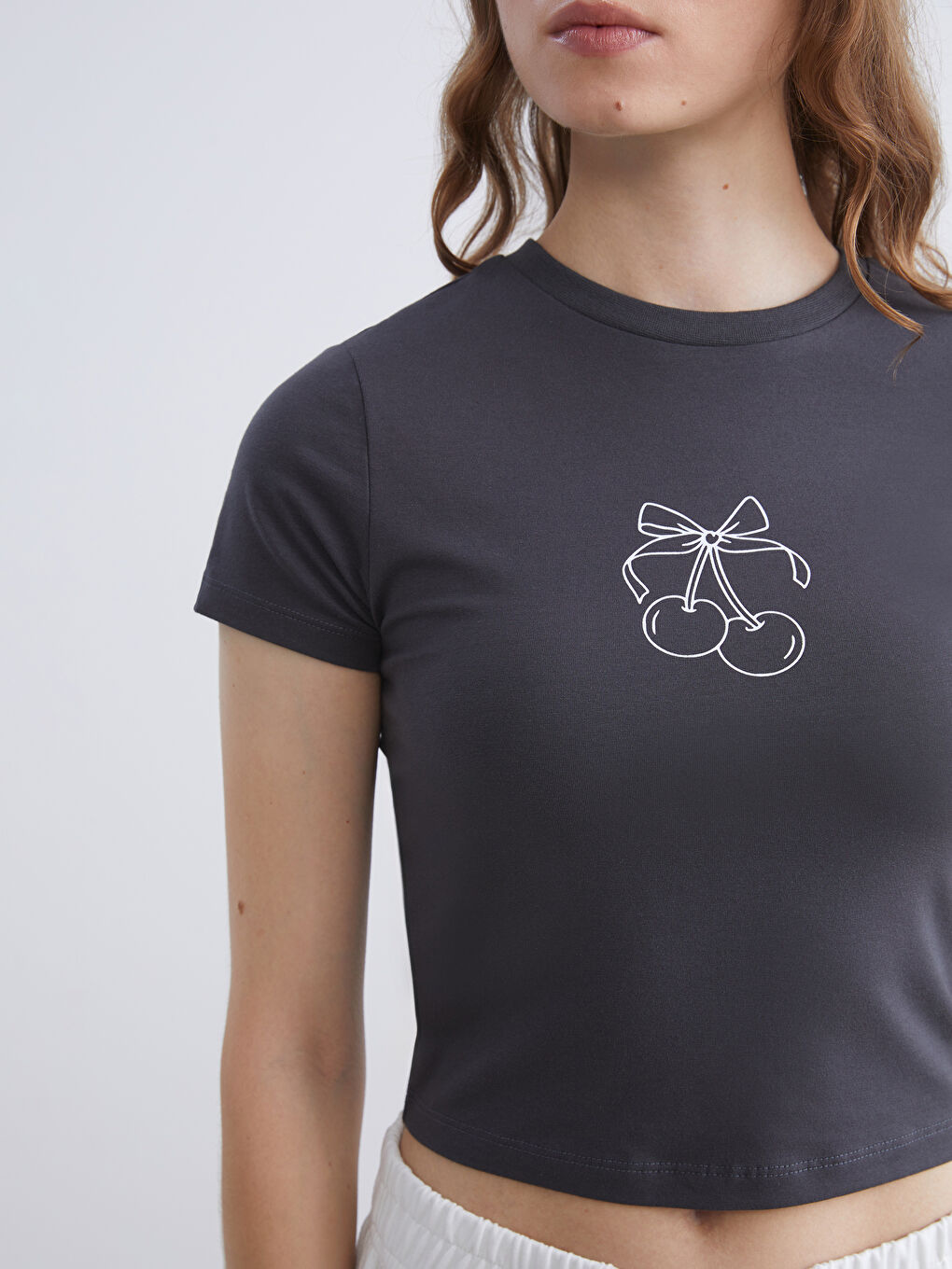 Antrasit Bisiklet Yaka Baskılı Crop-2