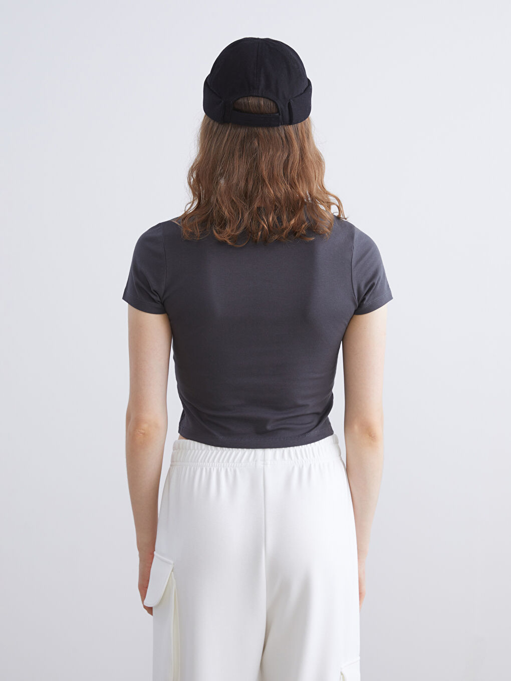 Antrasit Bisiklet Yaka Baskılı Crop-3