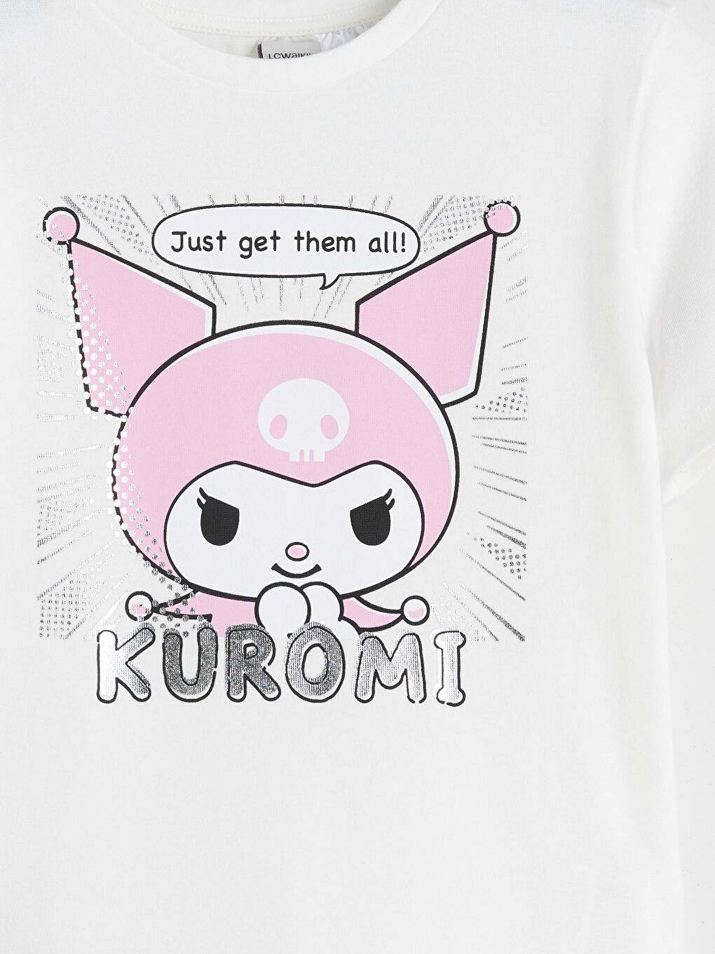 Ekru Bisiklet Yaka Kuromi Baskılı Kız Çocuk Tişört-1