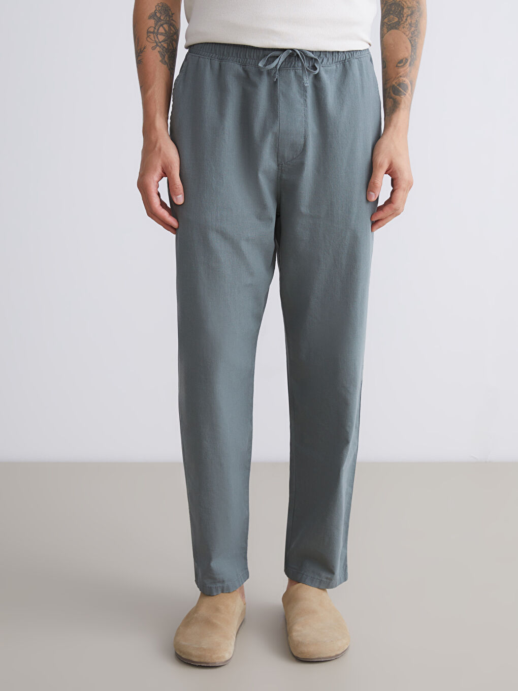 Yeşil Rahat Kalıp Keten Görünümlü Erkek Pantolon-1