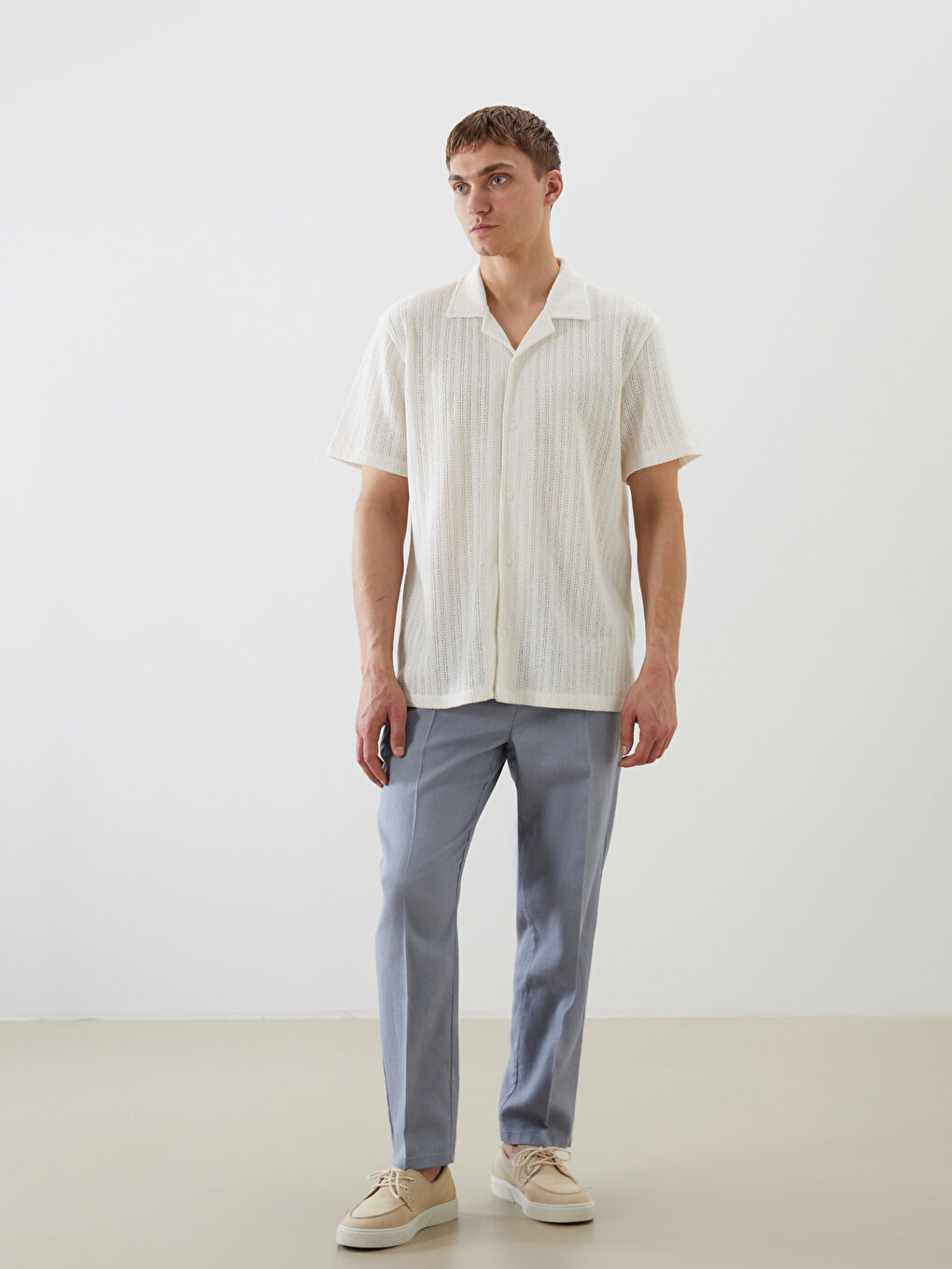 Ekru Regular Fit Resort Yaka Kısa Kollu Erkek Gömlek-3