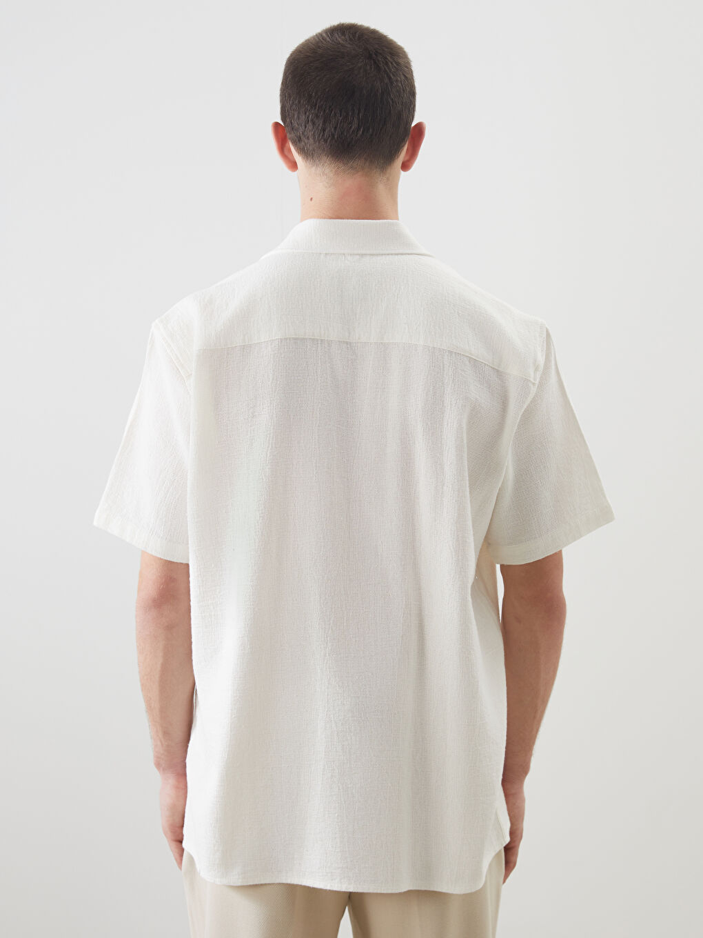 Ekru Regular Fit Kısa Kollu Armürlü Erkek Gömlek-7