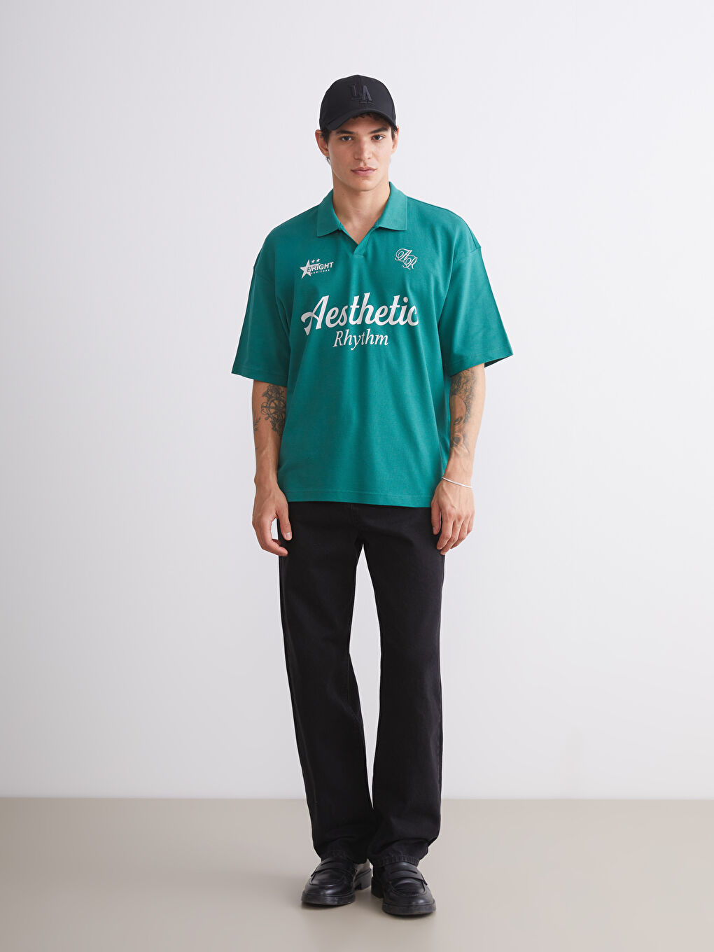 Yeşil Polo Yaka Baskılı Pike Erkek Tişört-1