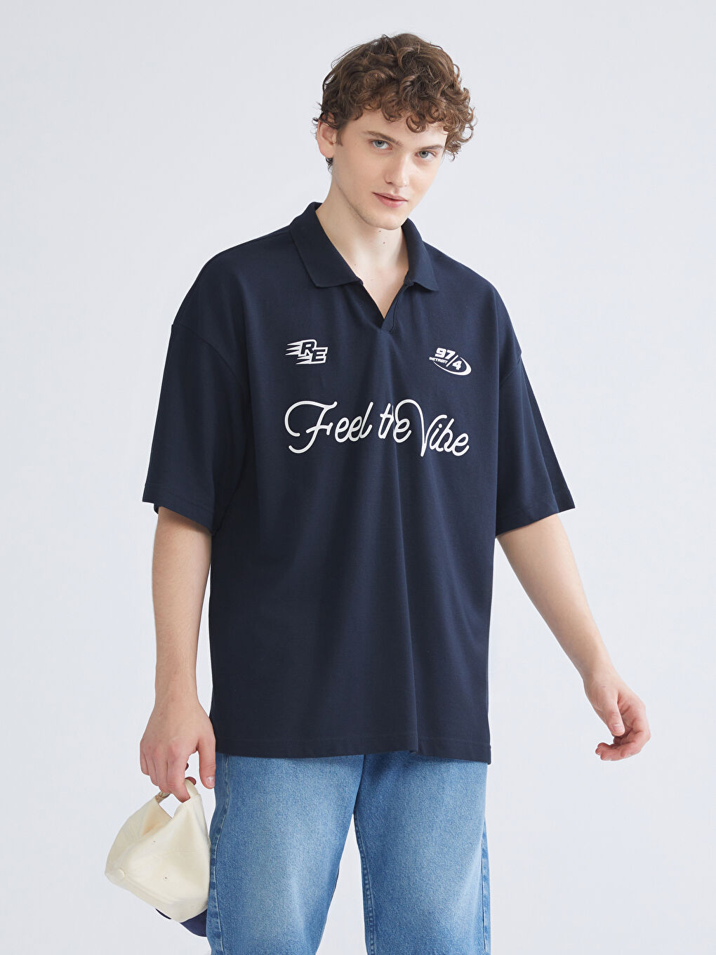 Lacivert Polo Yaka Baskılı Pike Erkek Tişört