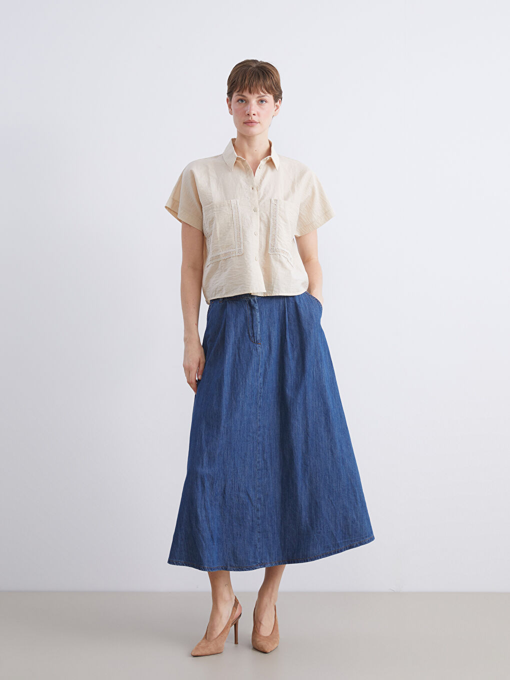 Bej Loose Fit Kadın Gömlek-1