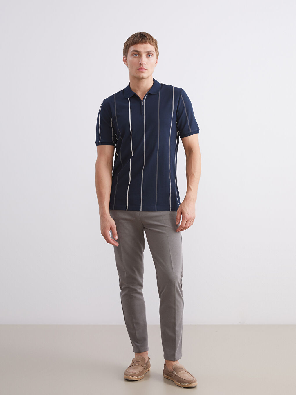 Lacivert Polo Yaka Çizgili Pike Erkek Tişört-1