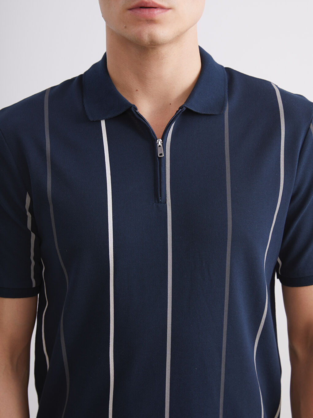 Lacivert Polo Yaka Çizgili Pike Erkek Tişört-2