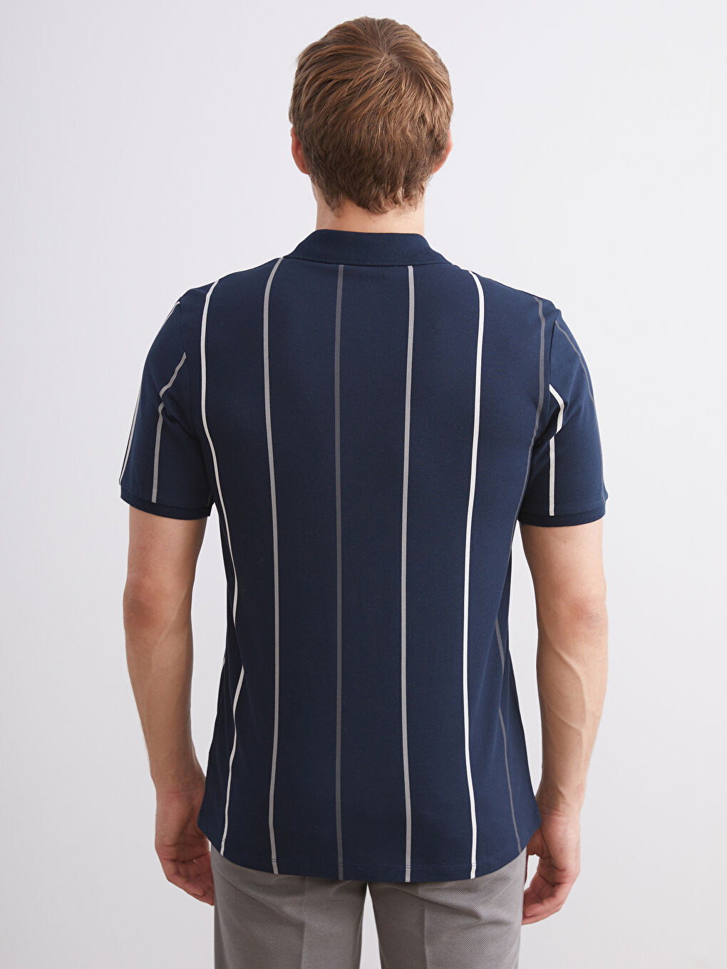 Lacivert Polo Yaka Çizgili Pike Erkek Tişört-3