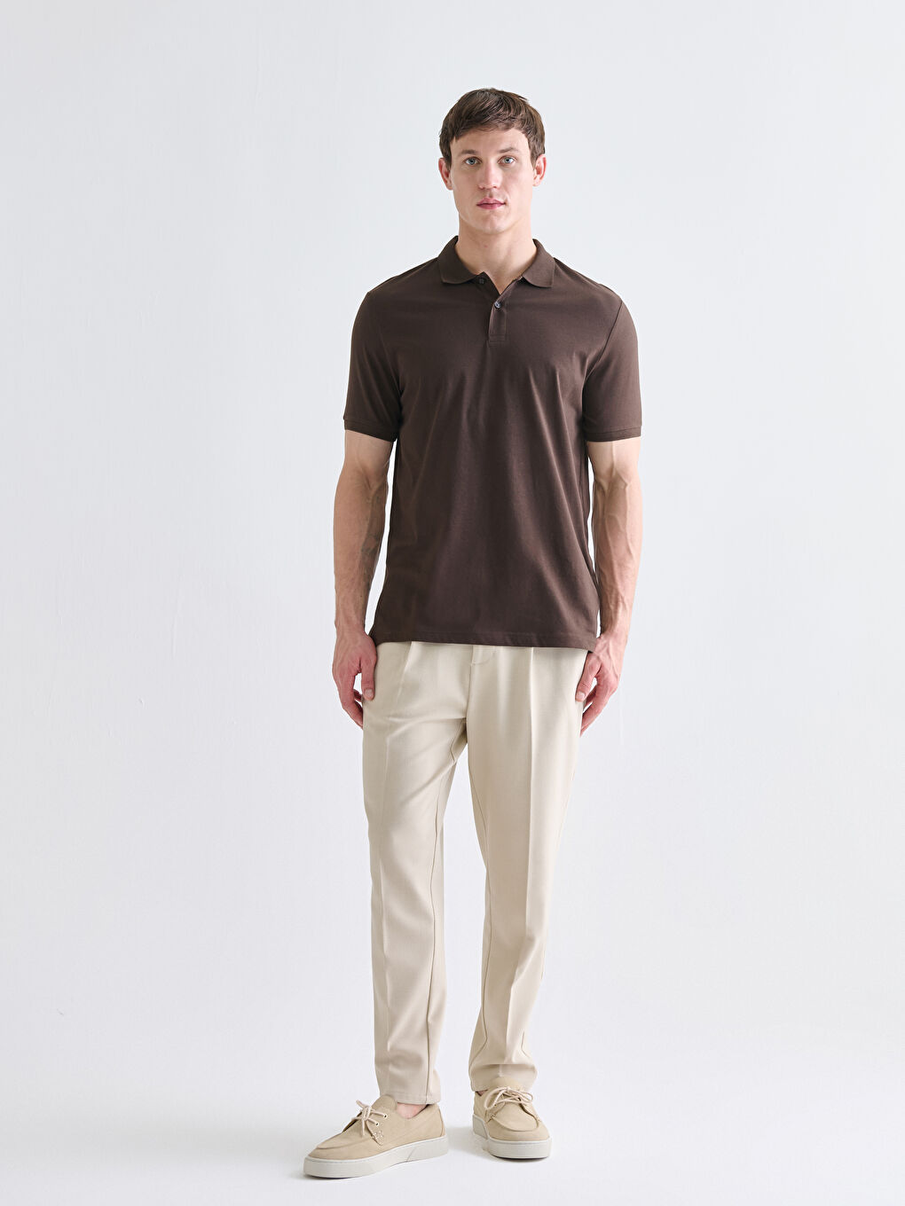 Kahverengi Polo Yaka Penye Erkek Tişört-1