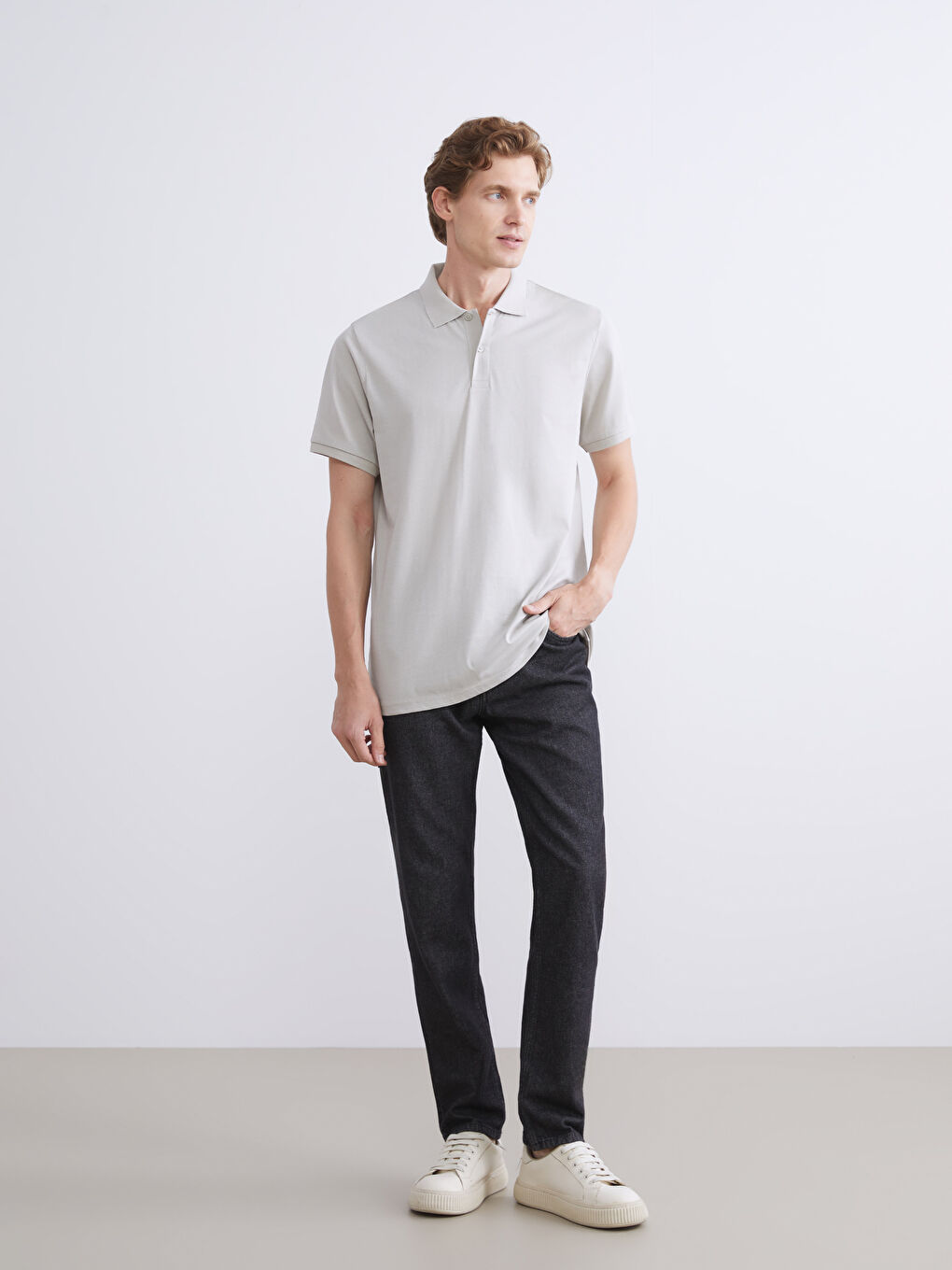 Bej Polo Yaka Penye Erkek Tişört-1