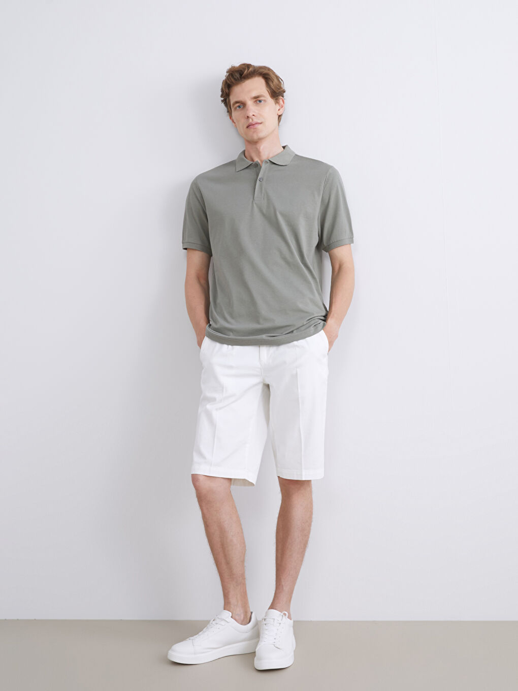 Haki Polo Yaka Penye Erkek Tişört-1