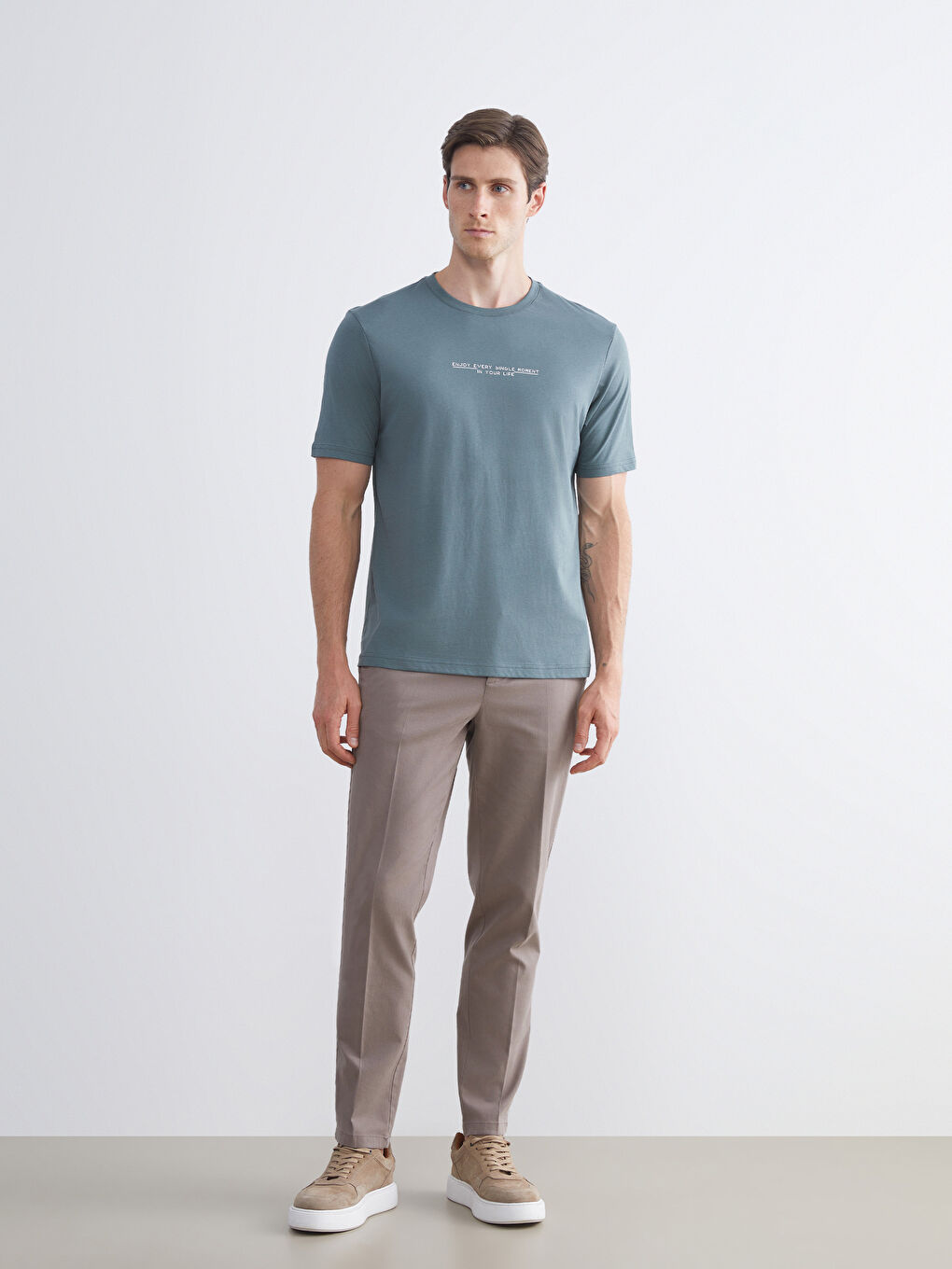 Haki Bisiklet Yaka Baskılı Penye Erkek Tişört-1