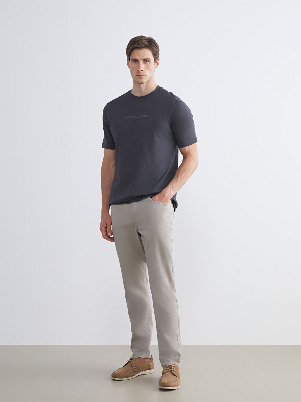 Antrasit Bisiklet Yaka Baskılı Penye Erkek Tişört-1