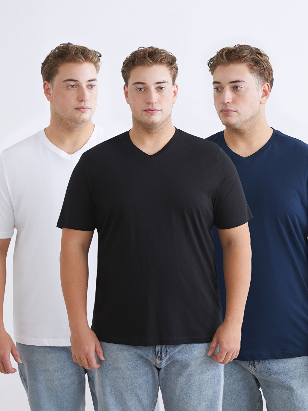 Siyah V Yaka Penye Erkek Tişört 3'lü Paket