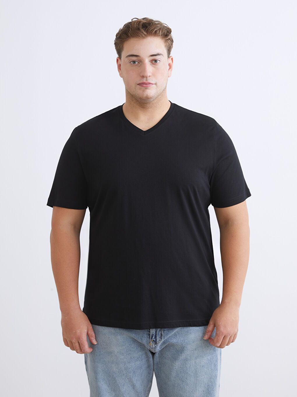 Siyah V Yaka Penye Erkek Tişört 3'lü Paket-1