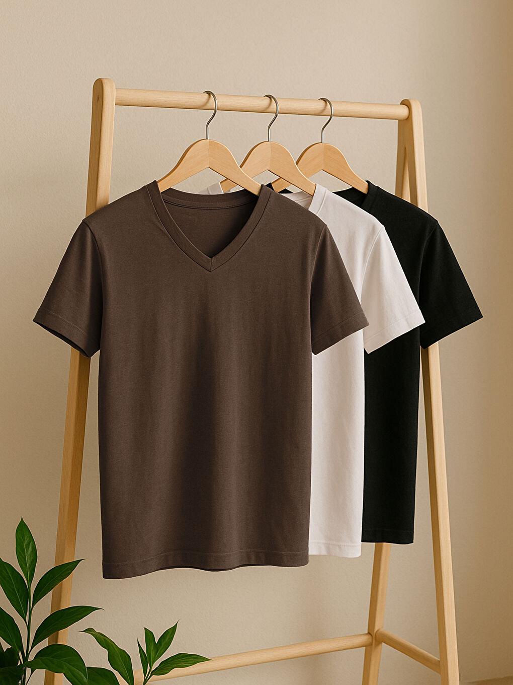 Kahverengi V Yaka Penye Erkek Tişört 3'lü Paket-1