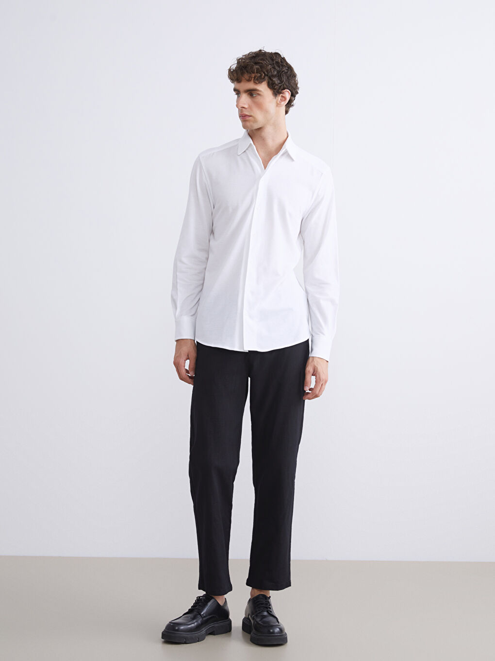 Ekru Slim Fit Uzun Kollu Keten Görünümlü Erkek Gömlek-1