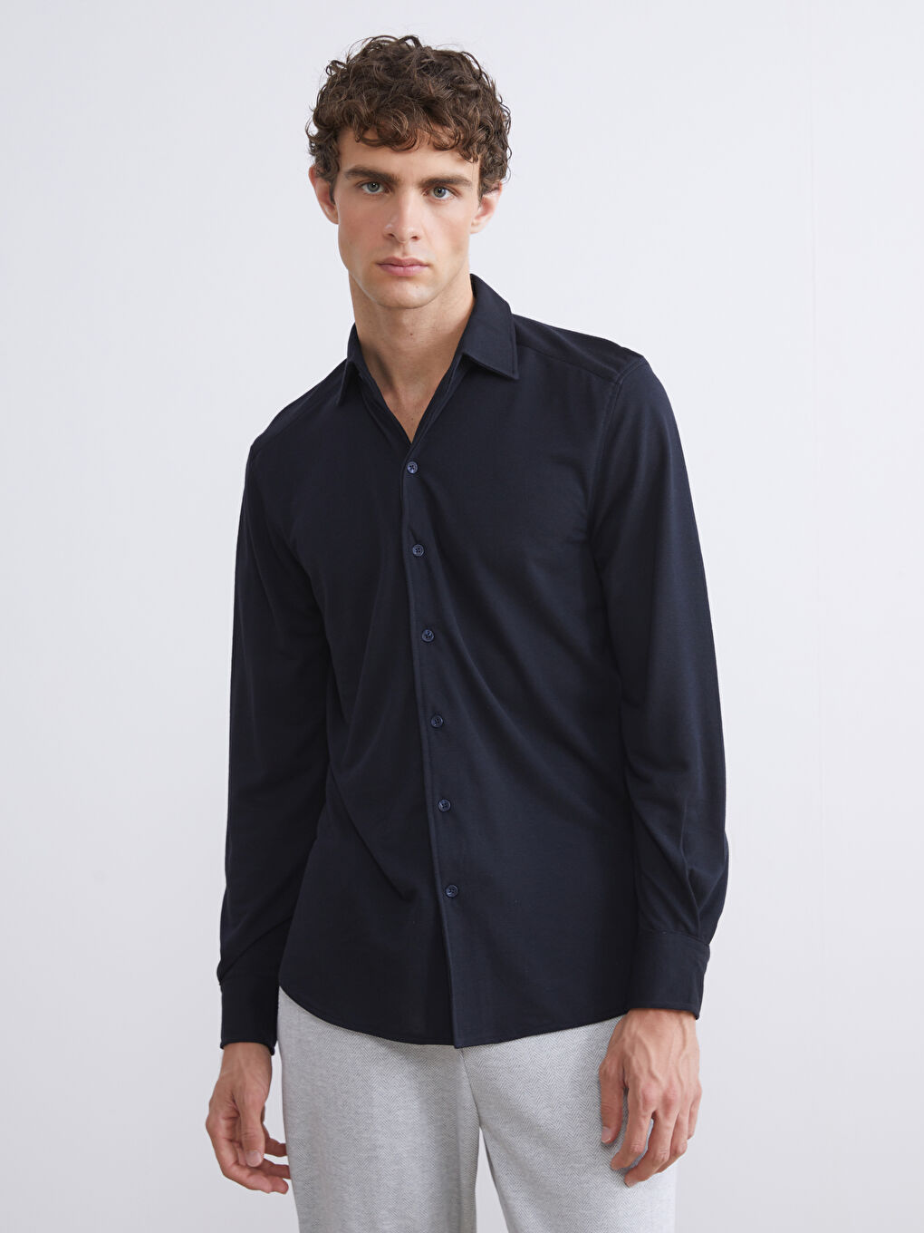 Lacivert Slim Fit Uzun Kollu Keten Görünümlü Erkek Gömlek