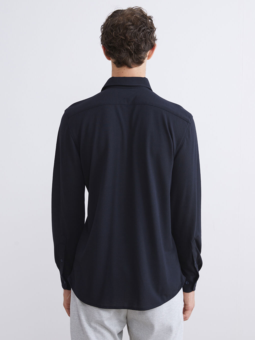 Lacivert Slim Fit Uzun Kollu Keten Görünümlü Erkek Gömlek-3