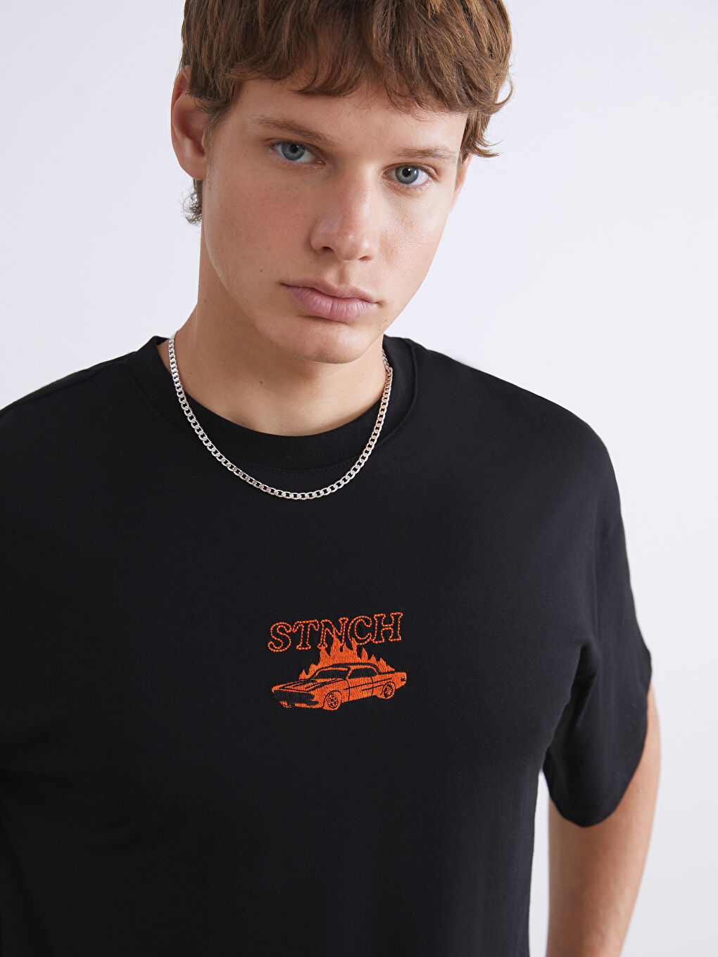 Siyah Bisiklet Yaka Baskılı Penye Erkek Tişört-2