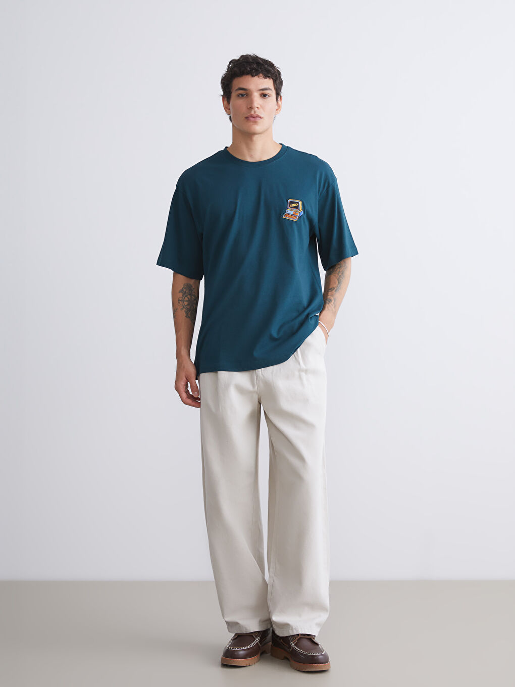 Petrol Bisiklet Yaka Baskılı Penye Erkek Tişört-1