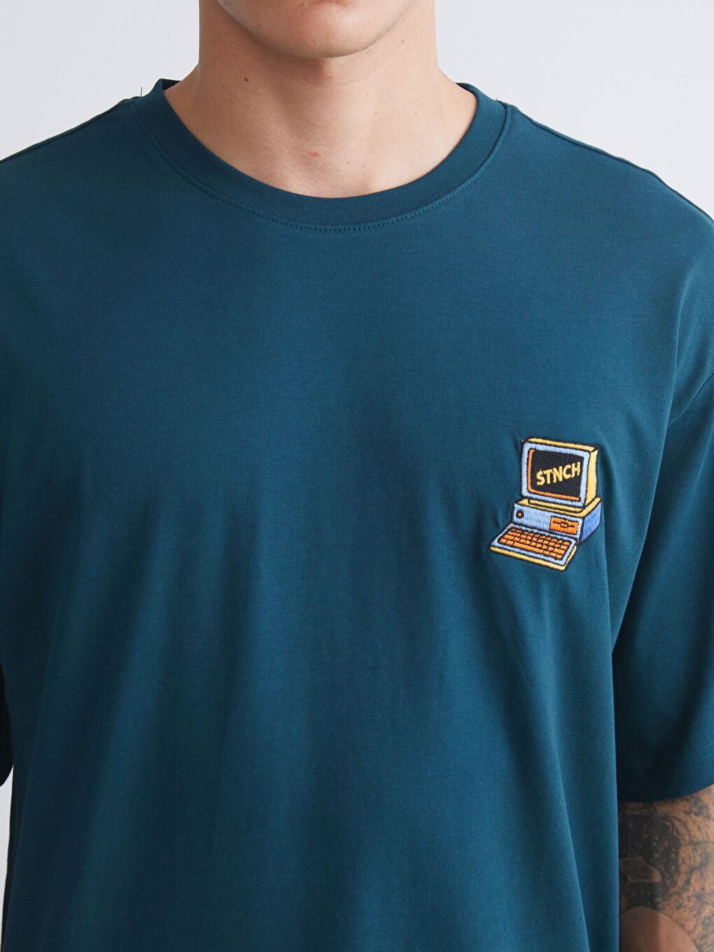 Petrol Bisiklet Yaka Baskılı Penye Erkek Tişört-2