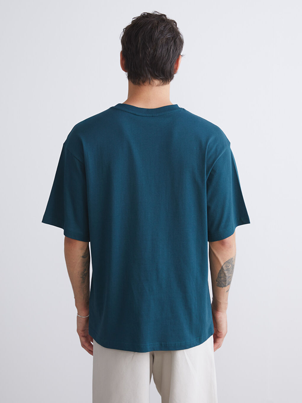 Petrol Bisiklet Yaka Baskılı Penye Erkek Tişört-3