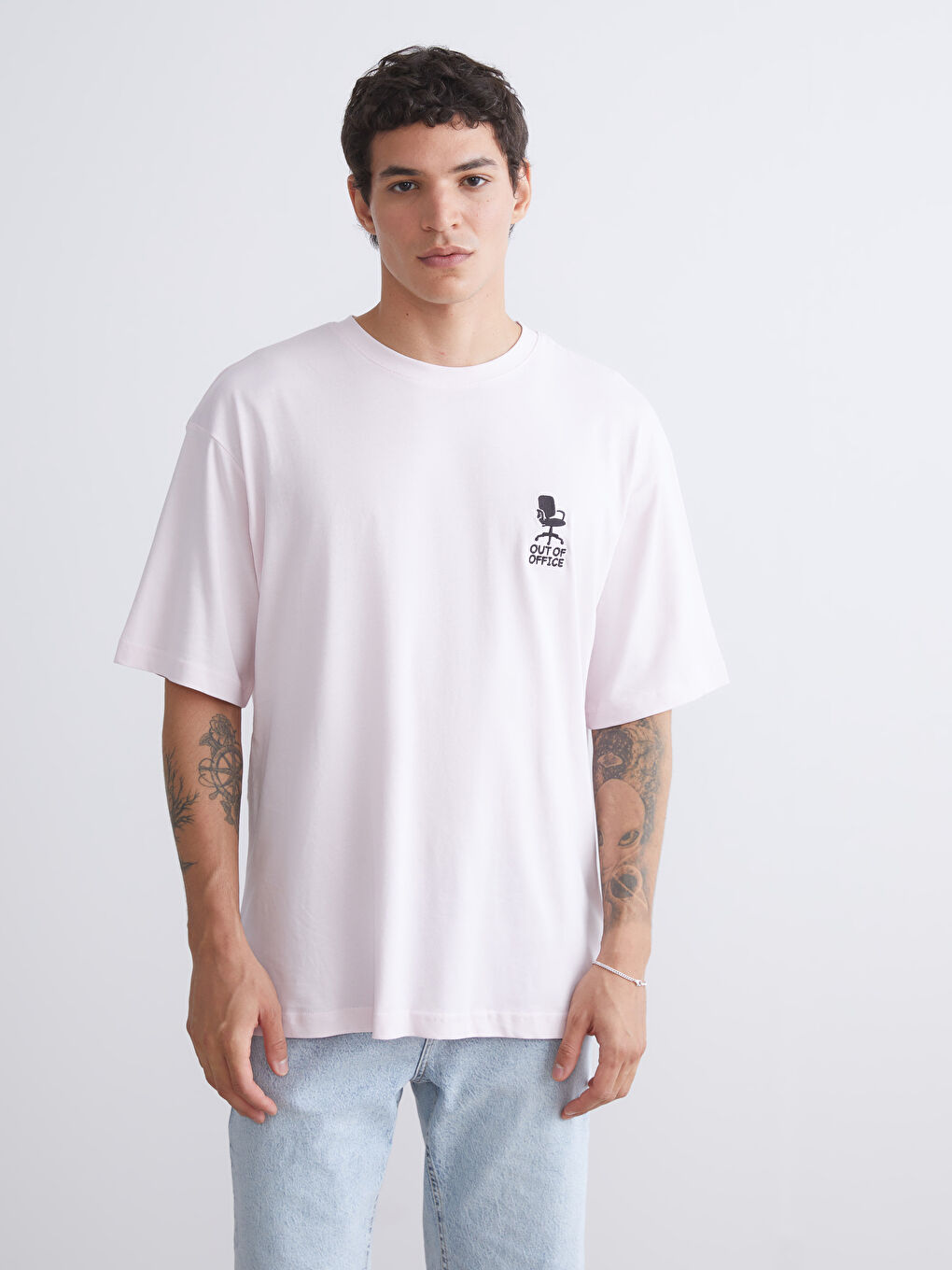 Pembe Bisiklet Yaka Baskılı Penye Erkek Tişört