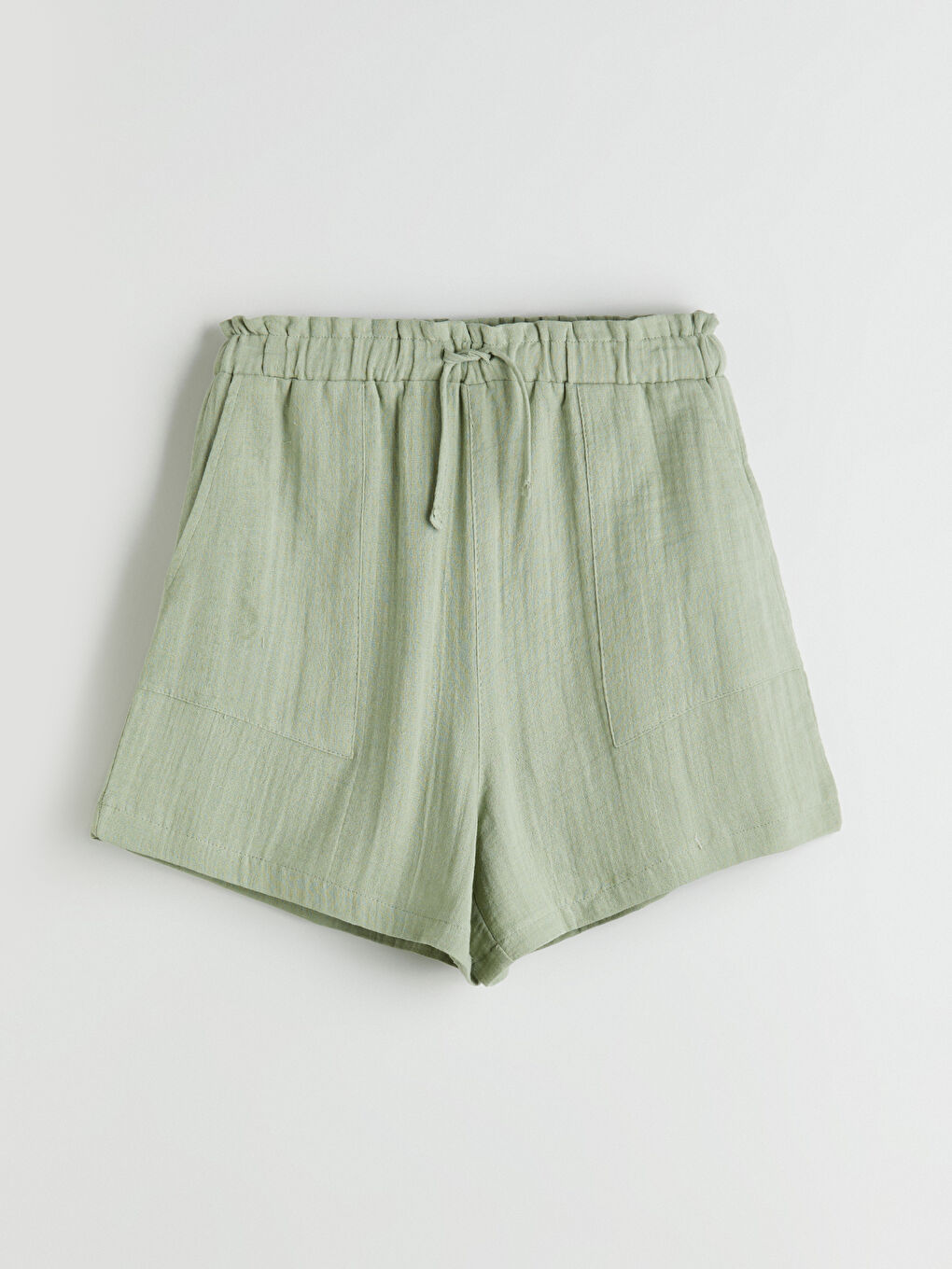 Yeşil Beli Lastikli Müslin Kadın Şort-4