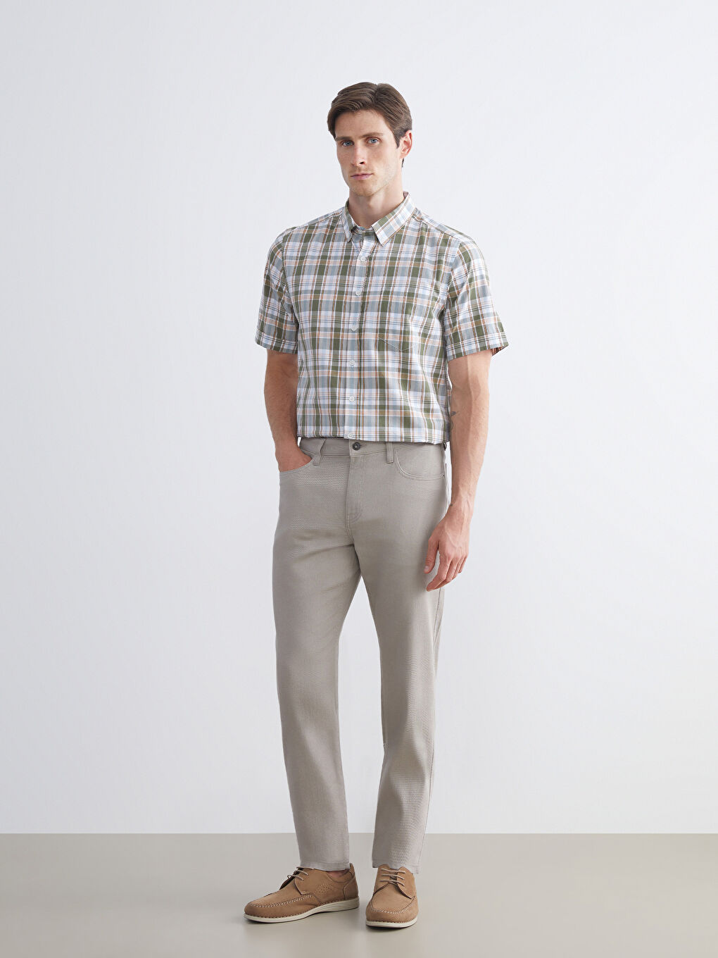 Yeşil Regular Fit Kısa Kollu Ekose Erkek Gömlek-1