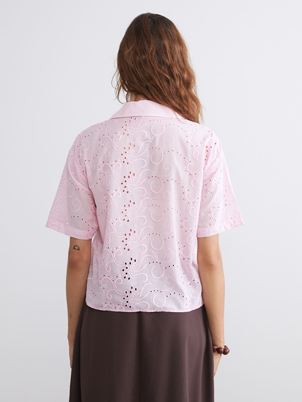 Pembe Ajurlu Brode Kadın Gömlek-3