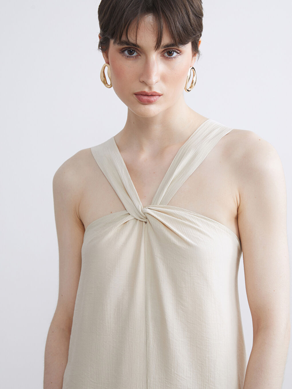 Bej Halter Yaka Büzgülü Elbise-1