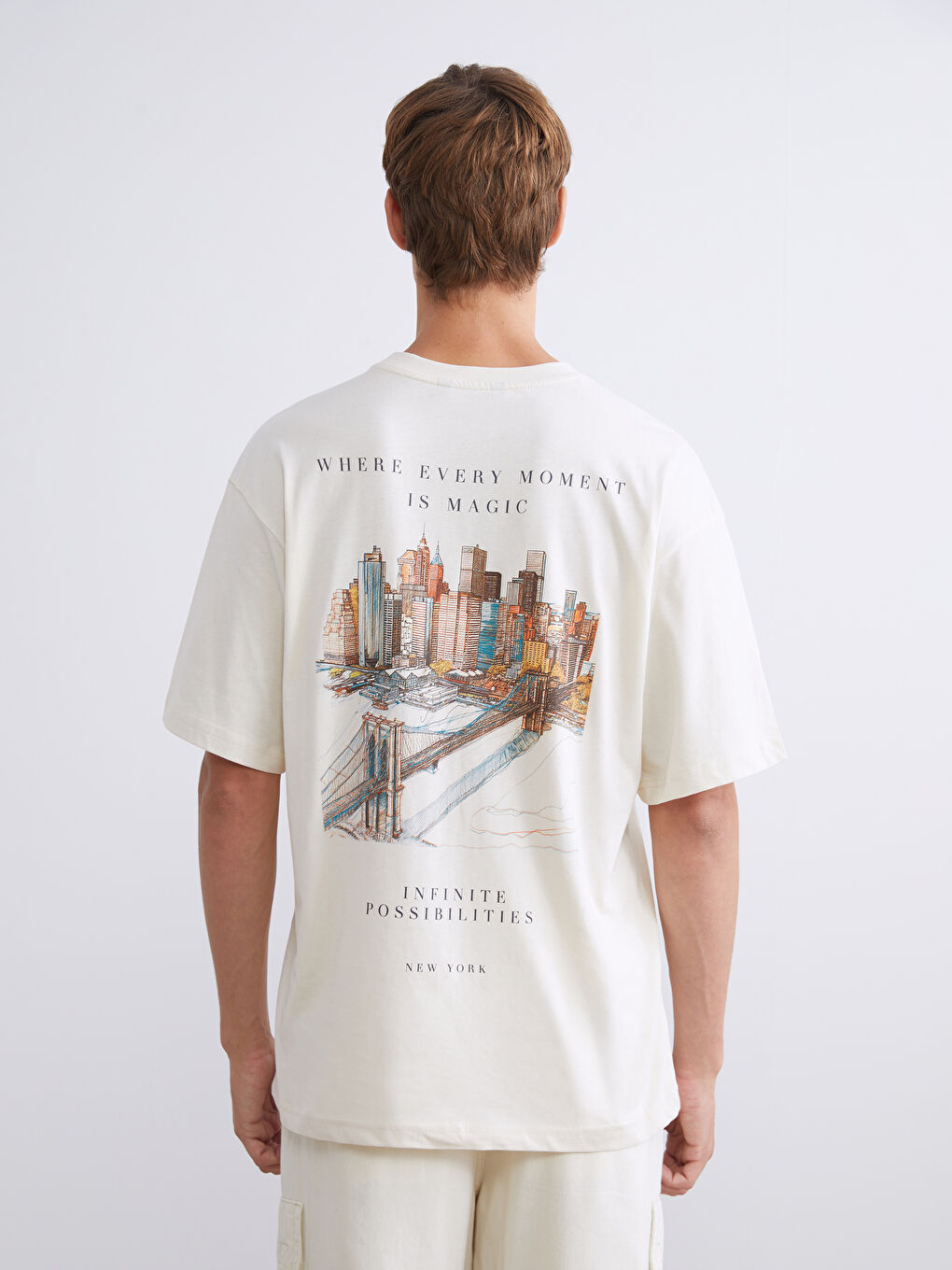 Bej Bisiklet Yaka Baskılı Penye Erkek Tişört-3