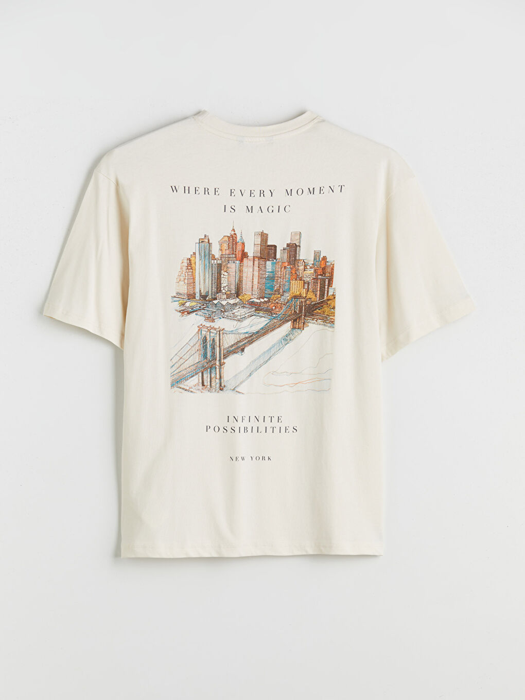 Bej Bisiklet Yaka Baskılı Penye Erkek Tişört-5