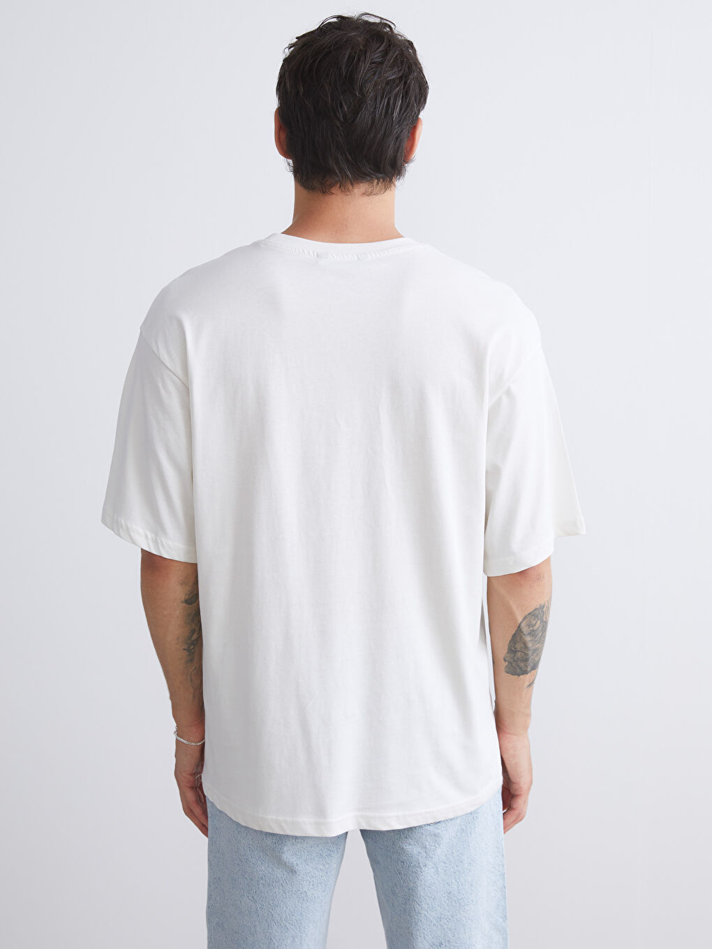 Bej Bisiklet Yaka Baskılı Penye Erkek Tişört-3