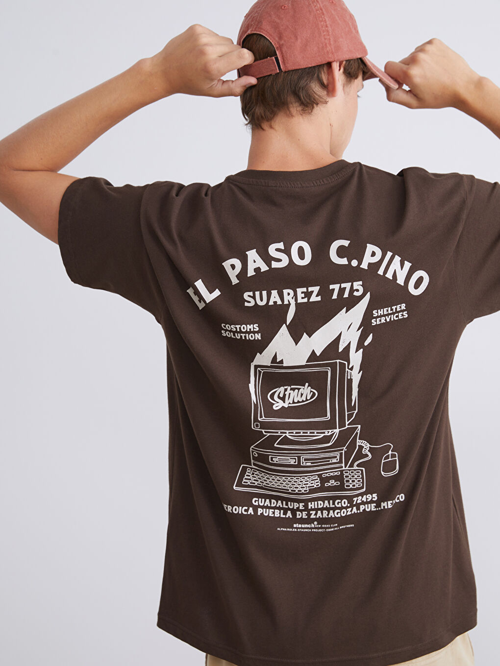 Kahverengi Bisiklet Yaka Baskılı Penye Erkek Tişört