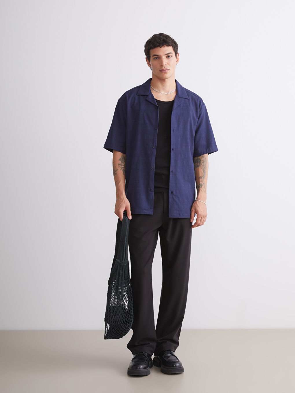 Lacivert Regular Fit Resort Yaka Kısa Kollu Erkek Gömlek-1