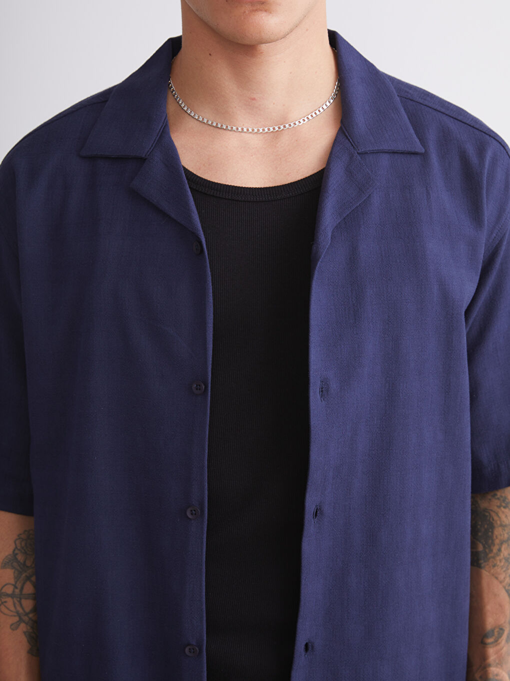 Lacivert Regular Fit Resort Yaka Kısa Kollu Erkek Gömlek-2