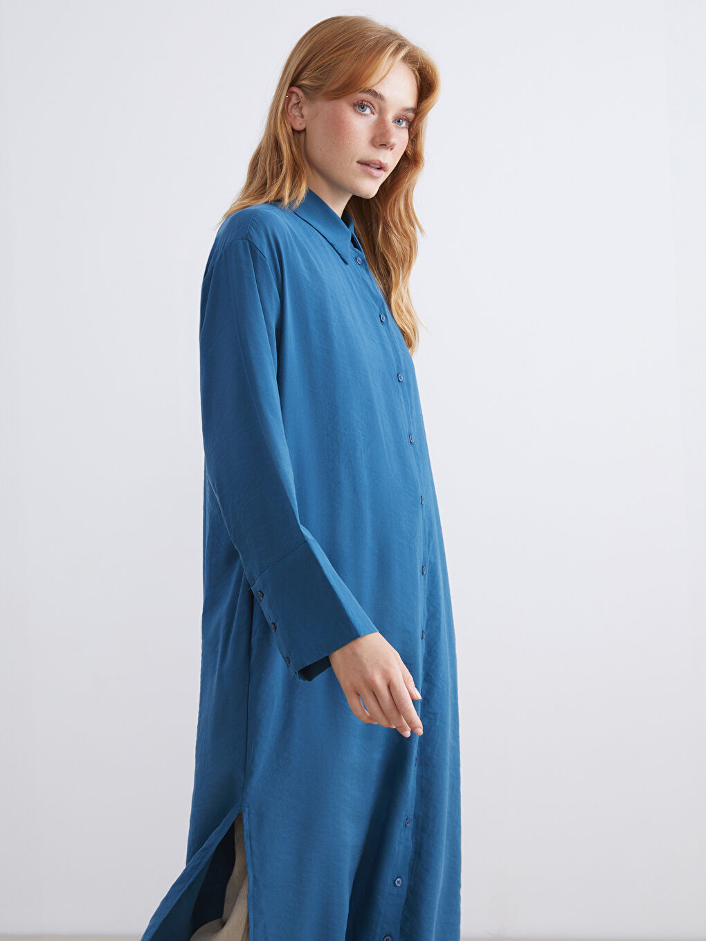 Petrol Modal Karışımlı Oversize Kadın Gömlek Tunik-1