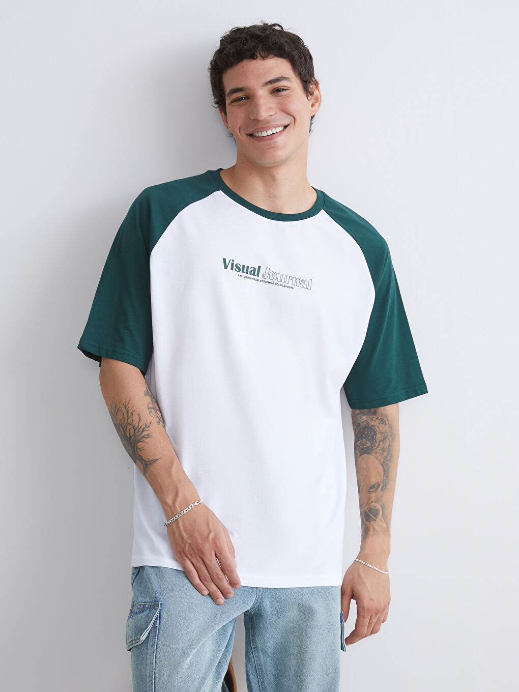 Yeşil Bisiklet Yaka Renk Bloklu Penye Erkek Tişört