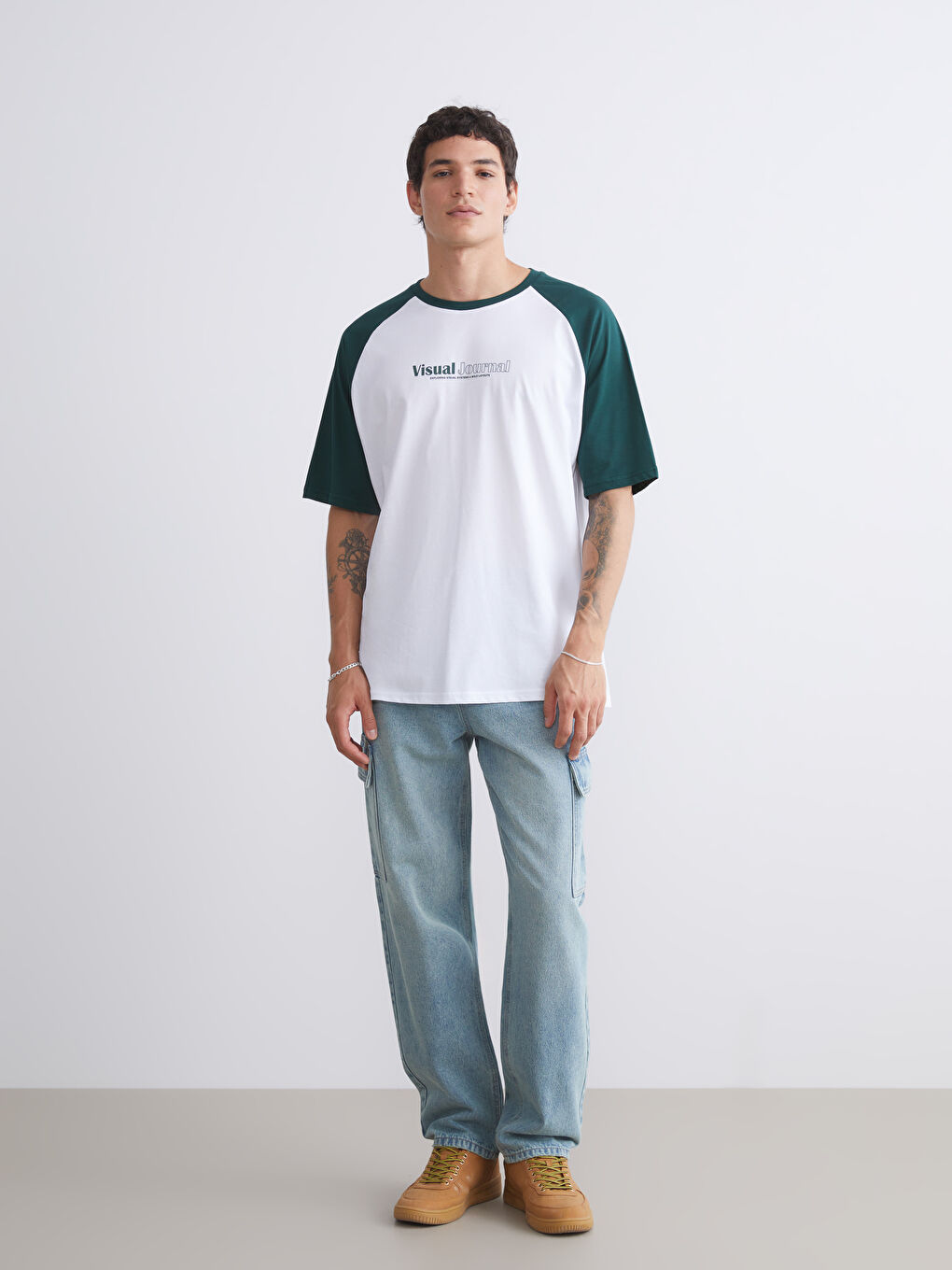 Yeşil Bisiklet Yaka Renk Bloklu Penye Erkek Tişört-1