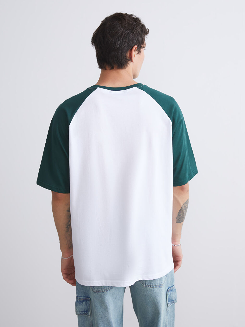 Yeşil Bisiklet Yaka Renk Bloklu Penye Erkek Tişört-3