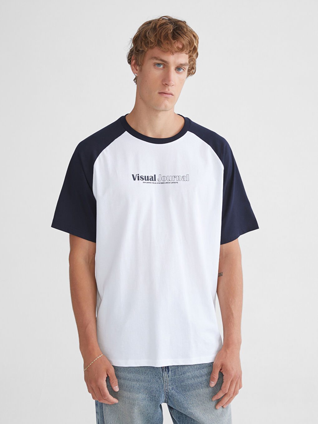 Lacivert Bisiklet Yaka Renk Bloklu Penye Erkek Tişört