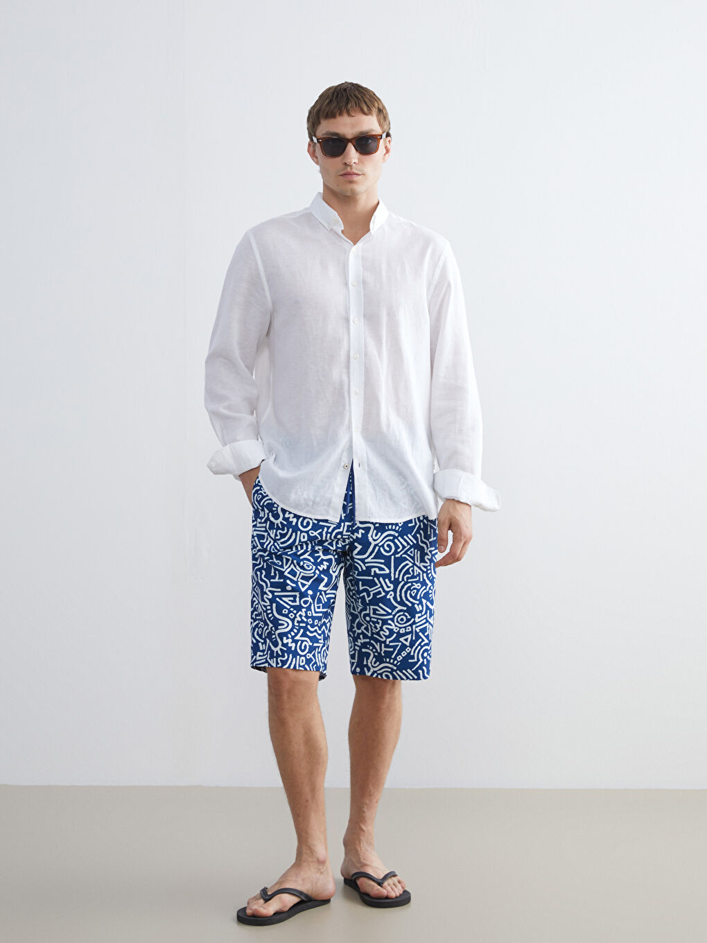 Mavi Diz Altı Boy Desenli Erkek Deniz Şortu