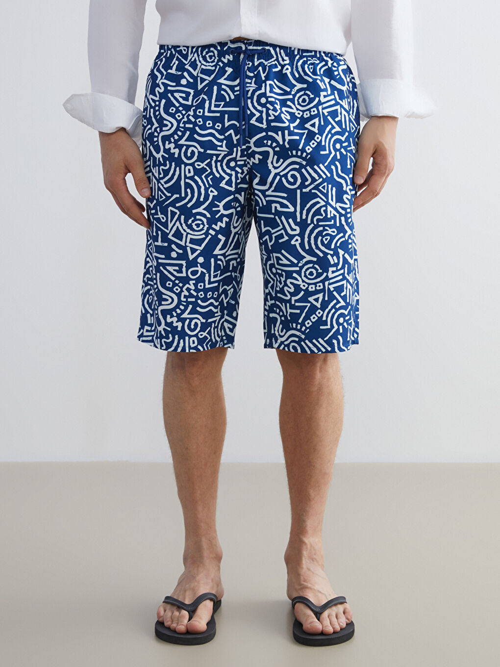 Mavi Diz Altı Boy Desenli Erkek Deniz Şortu-1