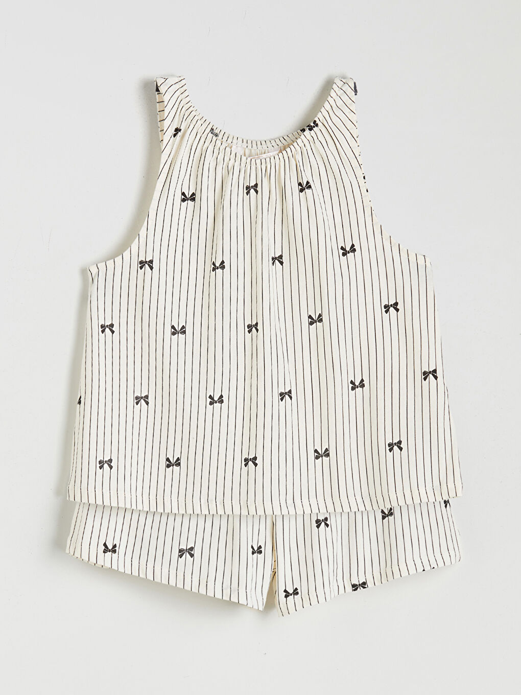 Ekru U Yaka Çizgili Kadın Şortlu Pijama Takımı-4