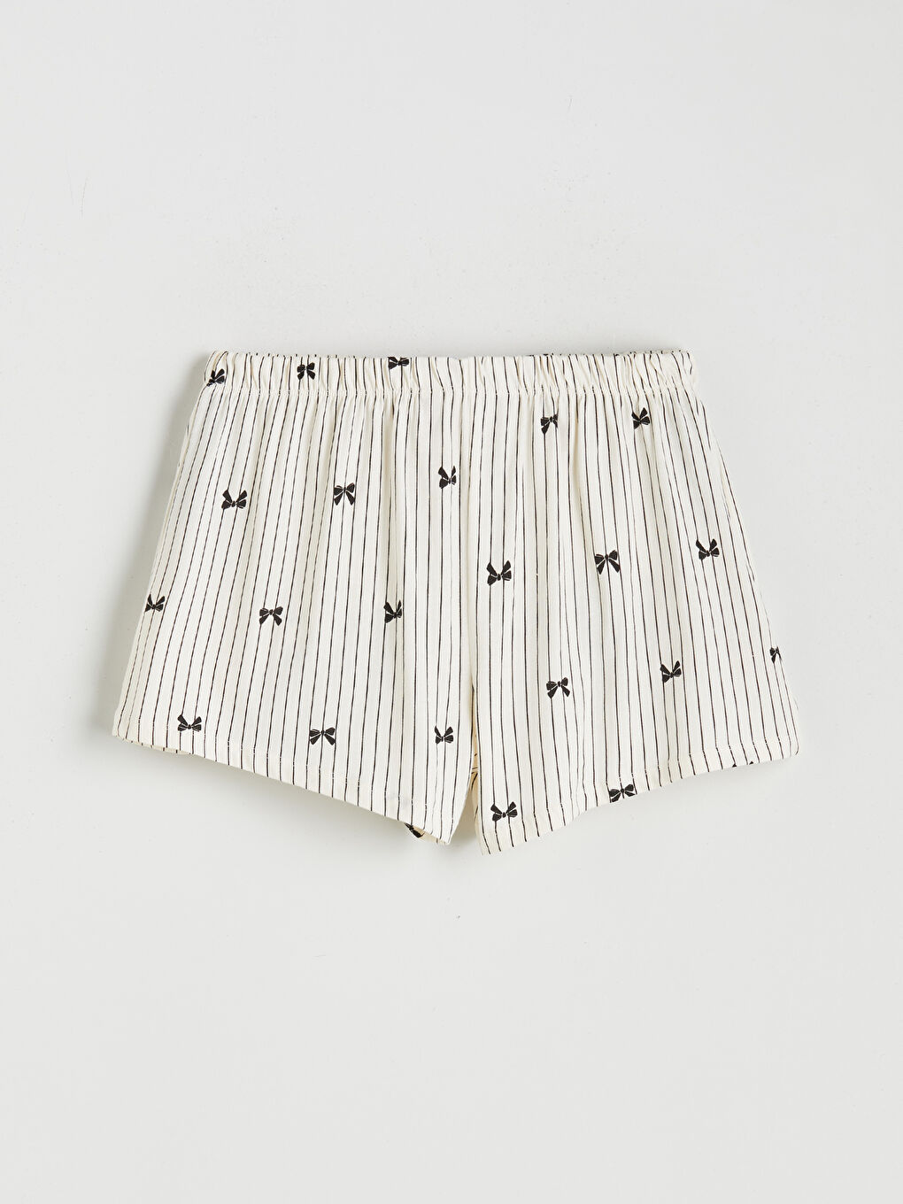 Ekru U Yaka Çizgili Kadın Şortlu Pijama Takımı-6