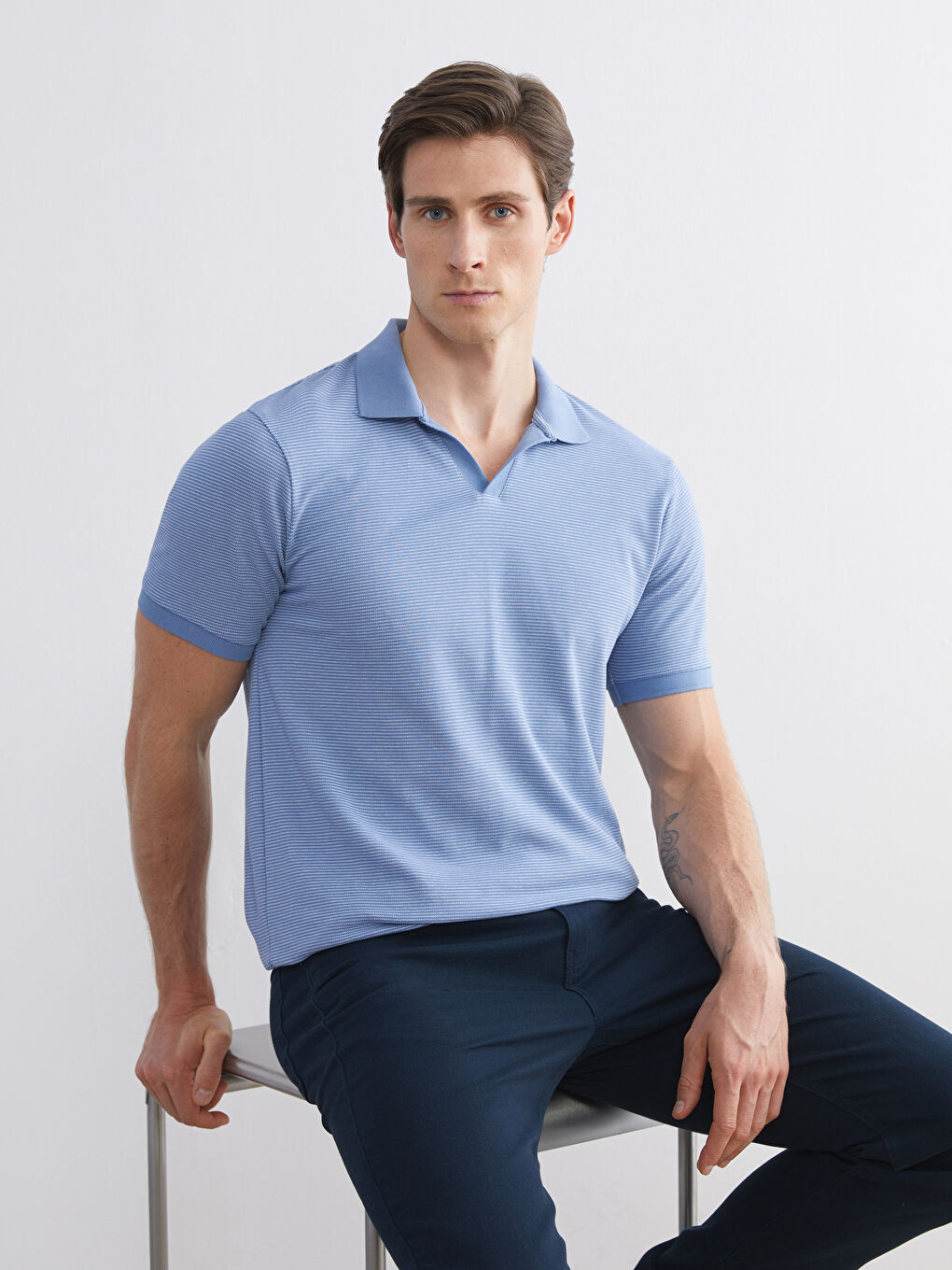 Mavi Polo Yaka Çizgili Penye Erkek Tişört